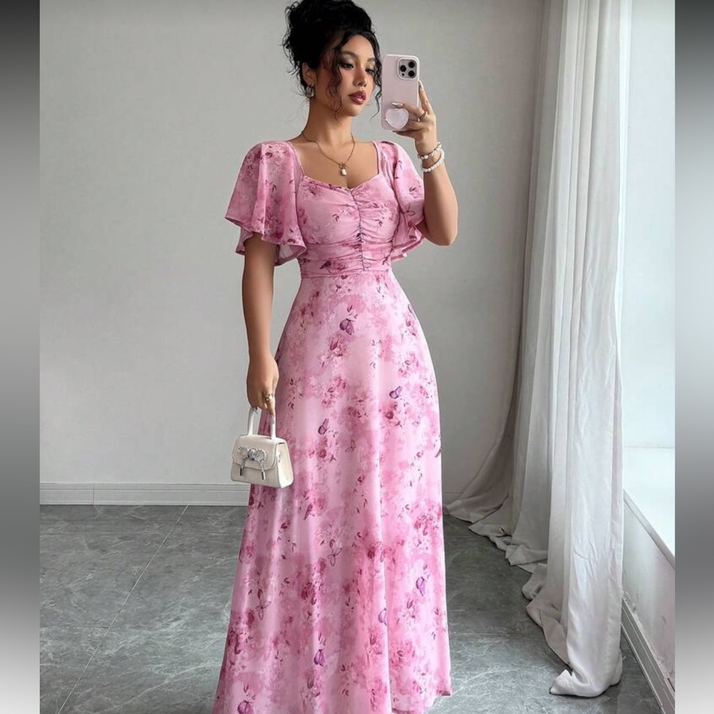 Pink Floral Maxi Dress with Flutter Sleeves